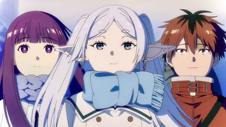 Three anime characters including two elves and a human boy in wintery fantasy setting.