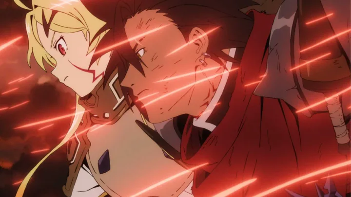 Two intense anime warriors surrounded by red energy streaks in a dramatic battle scene.