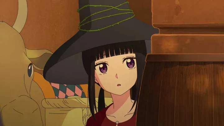 Anime girl in wide-brimmed witch hat looking surprised in a warm indoor fantasy setting.
