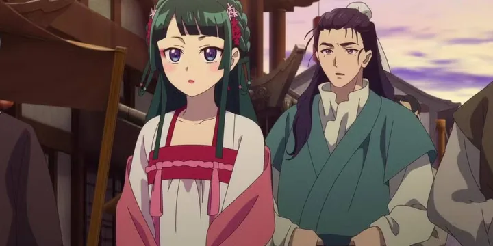 Two anime characters in East Asian fantasy attire standing outdoors at dusk.