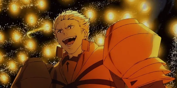 Blonde armored anime male laughing amid swirling golden orbs of light.