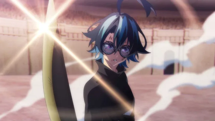 Blue-haired anime character with glasses wielding a glowing blade amid lightning and smoke.
