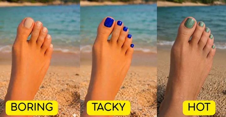 Three feet at a beach labeled 'Boring', 'Tacky', 'Hot' comparing nude, blue, and sage green pedicure styles.