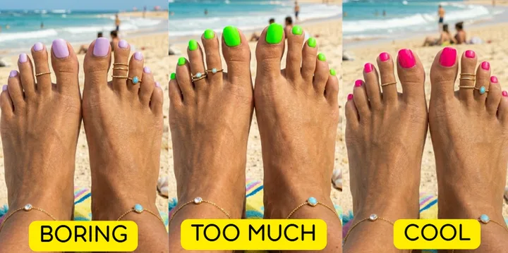 Three pairs of feet at a beach labeled 'Boring', 'Too Much', 'Cool' comparing lavender, neon green, and hot pink pedicur