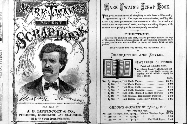 Vintage advertisement page for Mark Twain's Patent Scrap Book, sold by J.B. Lippincott & Co.
