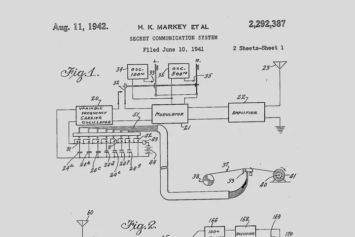 1942 US patent diagram for H.K. Markey's Secret Communication System, showing electronic circuit schematics.