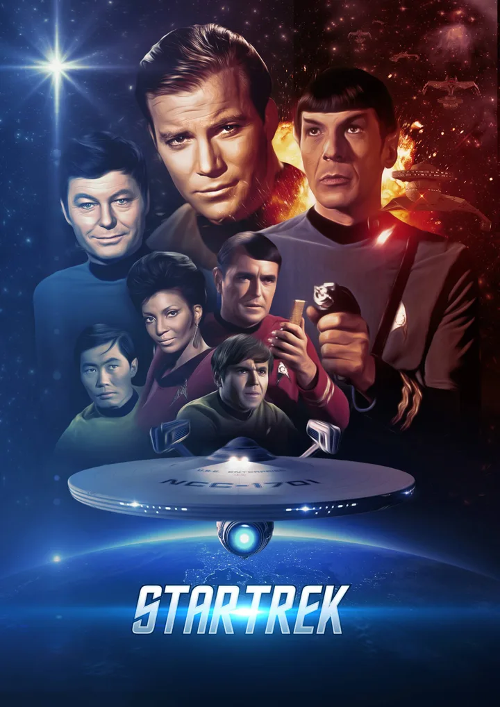 Illustrated Star Trek Original Series poster featuring the full Enterprise crew and the NCC-1701 starship.