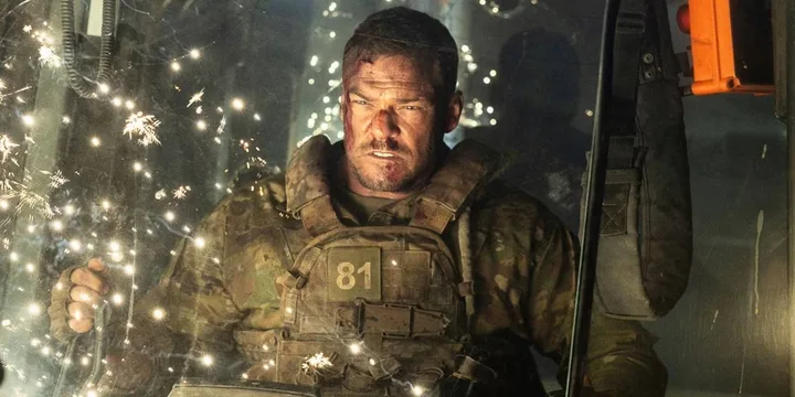 Battle-worn soldier in tactical vest numbered 81 amid sparks and fire in a gritty sci-fi action scene.