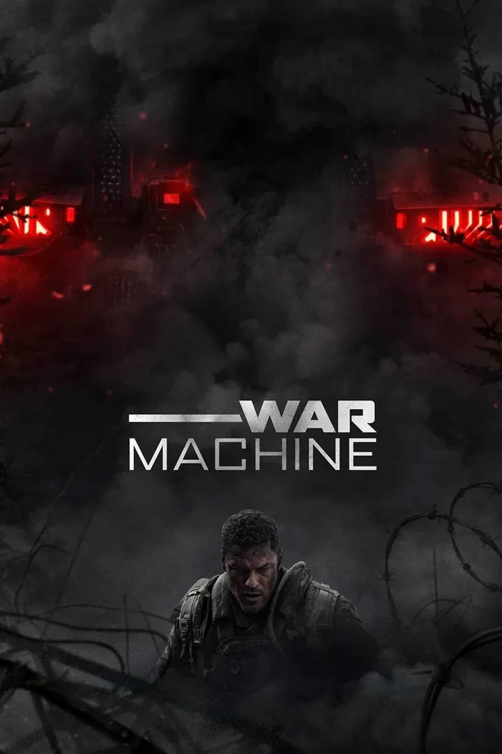 Dark moody poster for 'War Machine' showing a soldier beneath massive red-eyed mechanical robots in smoky atmosphere.