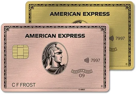 Two American Express gold and rose gold metal credit cards displayed against white background.
