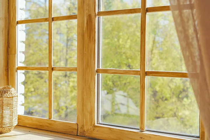 Wooden multi-pane window with sheer curtain overlooking green leafy trees in bright daylight.