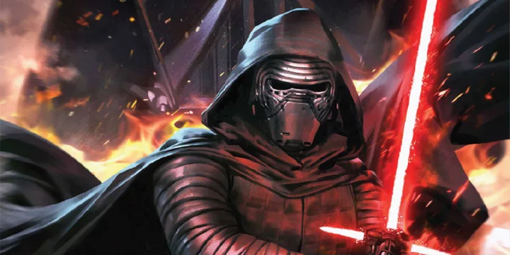 Comic art illustration of Kylo Ren in armor holding a red crossguard lightsaber amid flames.