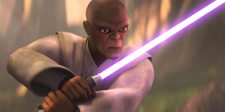 Animated Mace Windu wielding his iconic purple lightsaber in a combat stance outdoors.