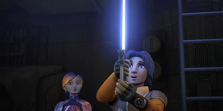 Two animated Star Wars Rebels characters, one holding an ignited blue lightsaber built from a blaster.