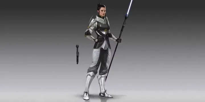 Concept art of a female warrior in white armor holding a white lightsaber pike on a plain background.