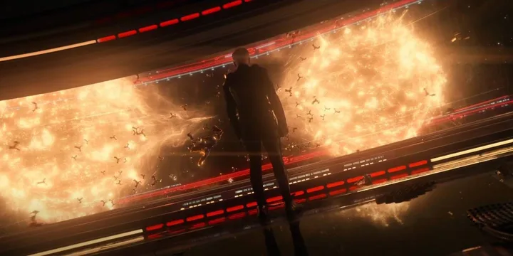 Silhouetted figure stands before a massive fiery explosion viewed through a spaceship viewport.