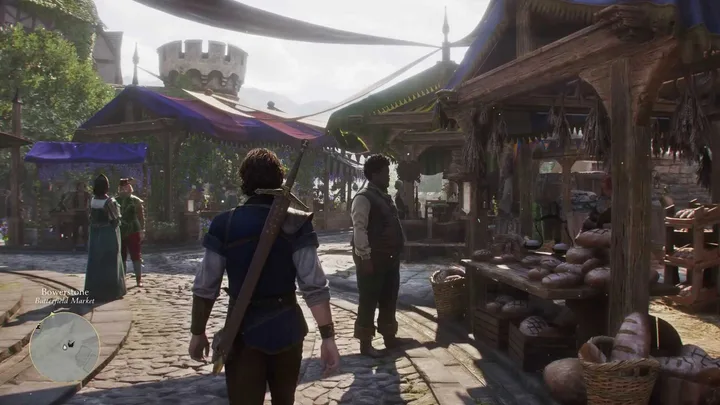Third-person RPG gameplay in a bustling medieval market town with stalls and NPCs.