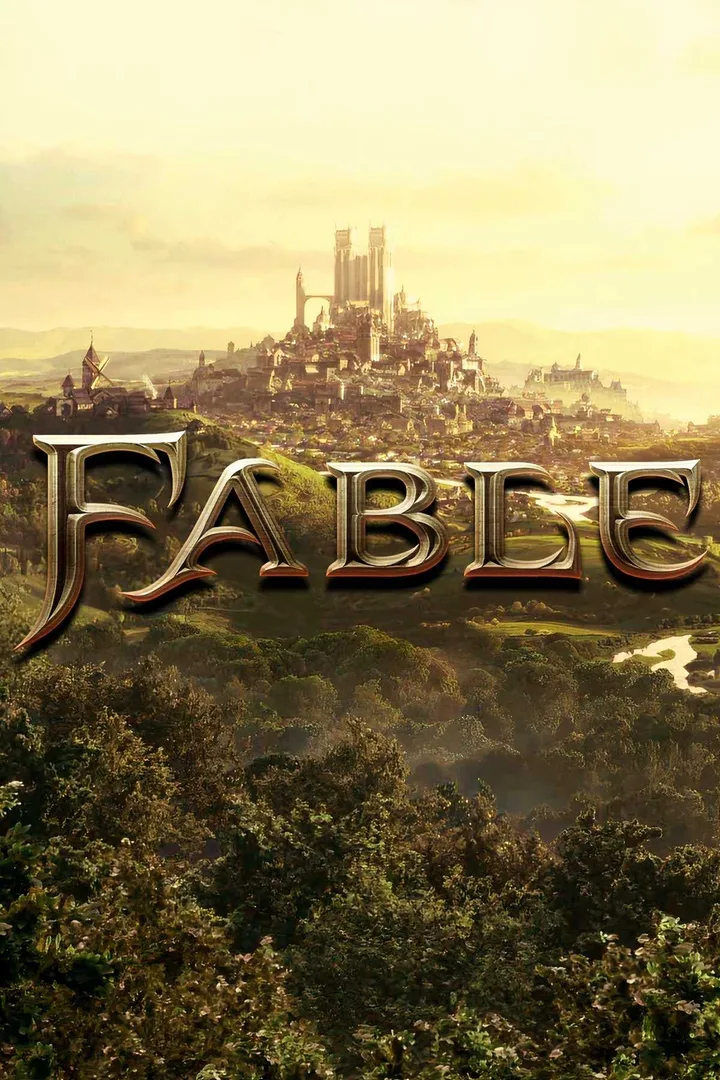 Fable game logo over a sweeping fantasy landscape with a castle city and green hills.