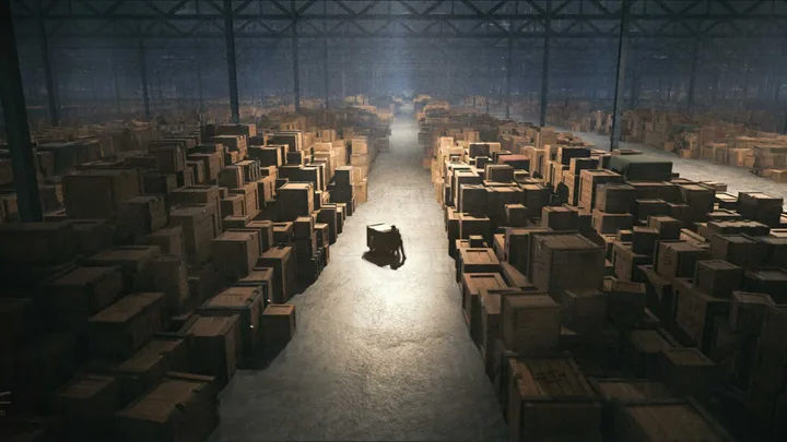 Lone figure dwarfed by rows of wooden crates in a vast government warehouse.