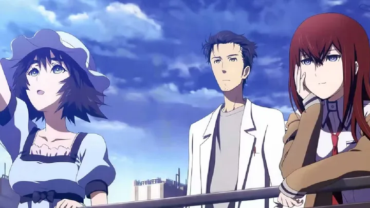 Three anime characters standing on a rooftop against a dramatic blue sky, looking upward.