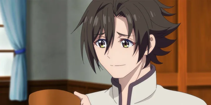 Close-up of a smiling anime male character with brown hair in an indoor setting.