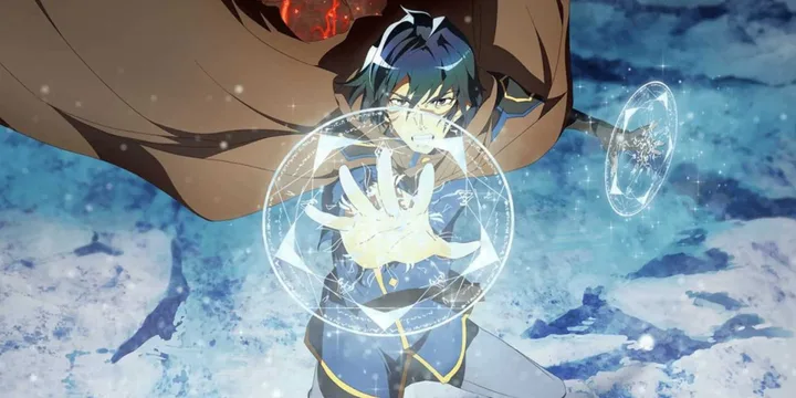 Anime male character in battle stance with glowing magical circle effect in a snowy environment.