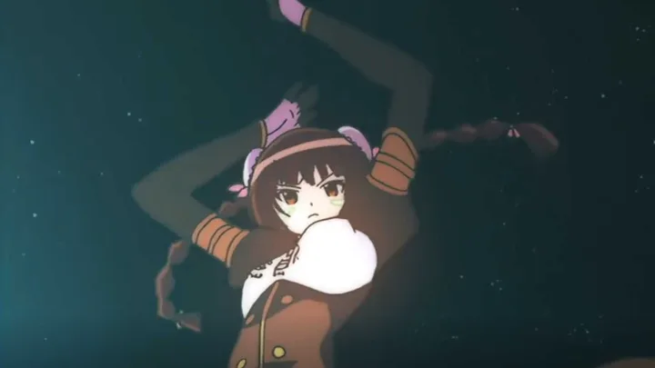 Anime girl in dark starry void, wearing a hat and coat, looking intensely forward.