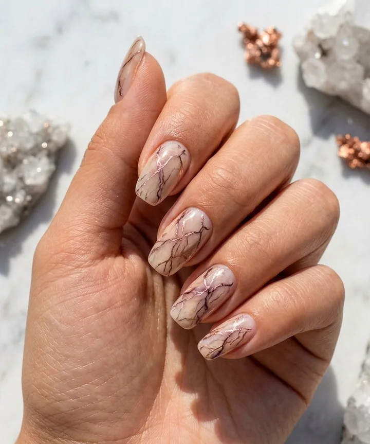 Hand with square almond nails featuring elegant white marble nail art, surrounded by crystal gems.