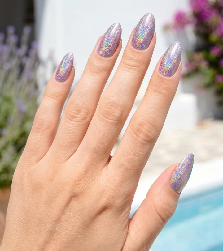 Hand with long almond nails in iridescent holographic silver-purple finish, outdoors near a pool.