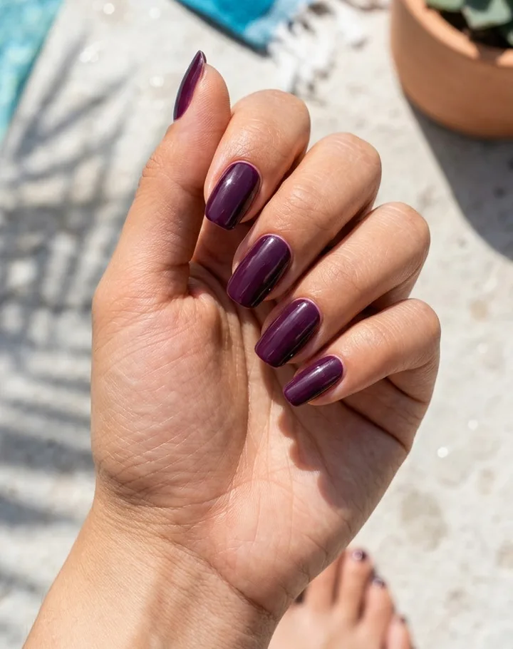 Hand with short square nails in deep plum/eggplant polish photographed outdoors in sunny light.