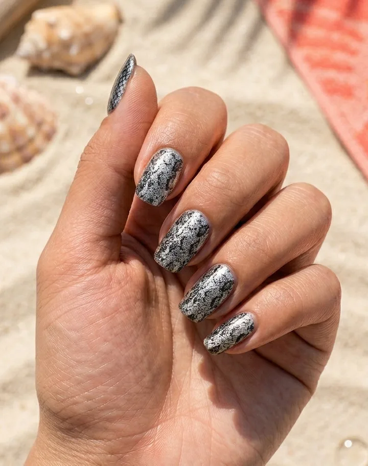 Hand with short square nails in black and silver snakeskin or lace texture nail art at a beach.