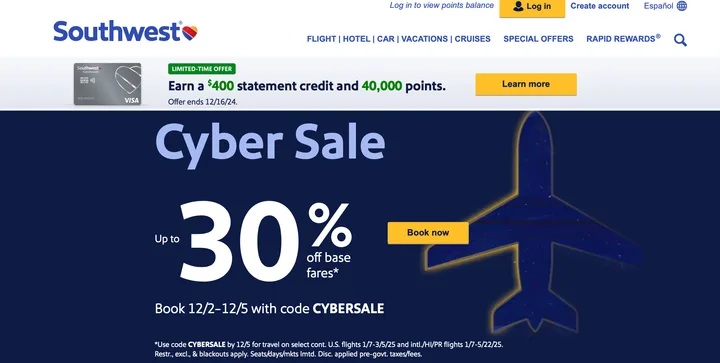 Southwest Airlines website showing a Cyber Sale banner offering up to 30% off base fares.