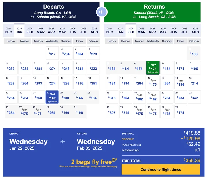 Southwest low fare calendar showing round-trip flights from Long Beach to Maui with discounted prices.
