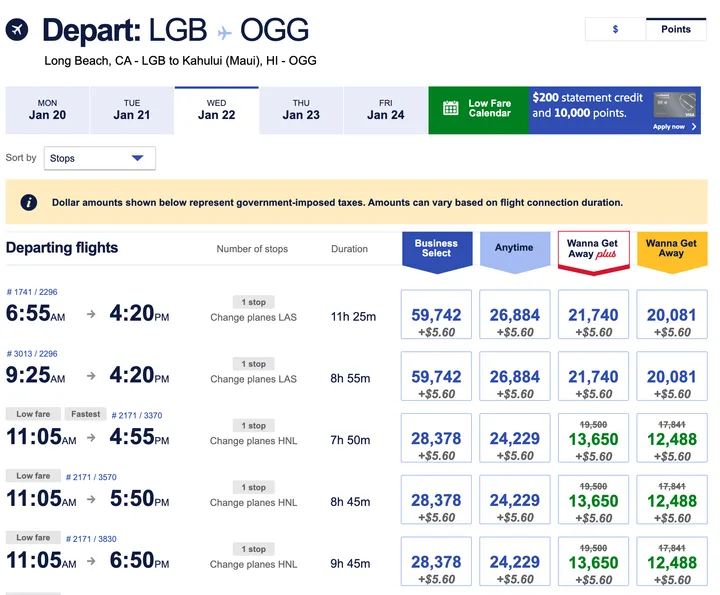 Southwest flight search results showing departing flights from Long Beach to Kahului, Maui with fare options.