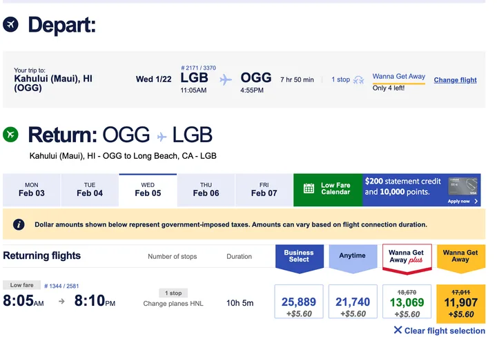 Southwest booking page showing selected outbound and return flights from Long Beach to Maui with pricing.