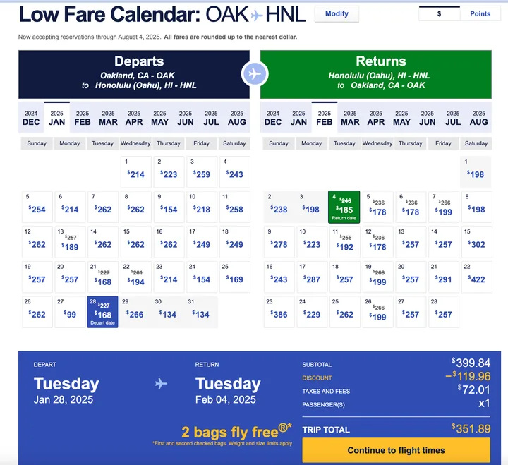 Southwest low fare calendar showing Oakland to Honolulu round-trip flights with discounted dollar fares.