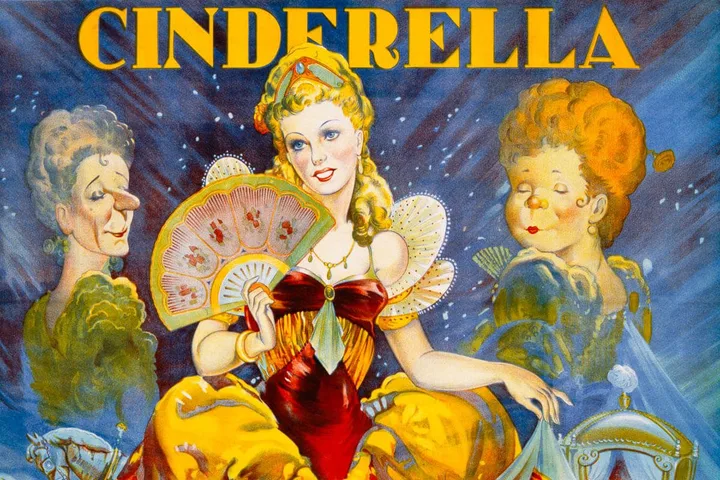 Vintage illustrated Cinderella theatrical poster with woman in red gown and two companions.